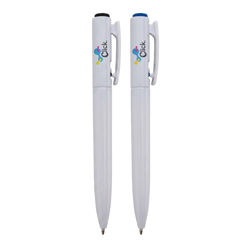 Caneta plástica com carga esferográfica azul 1.0 mm e acionamento por clique.

Largura :  1,7 cm

Comprimento :  13,6 cm

Medidas aproximadas para gravação (CxL):  6,5 cm x 1 cm